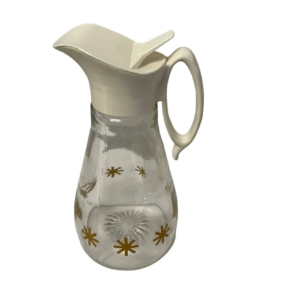 Vintage Glass Pitcher Dispenser Bottle Clear Atomic Starburst Pattern 7.5 